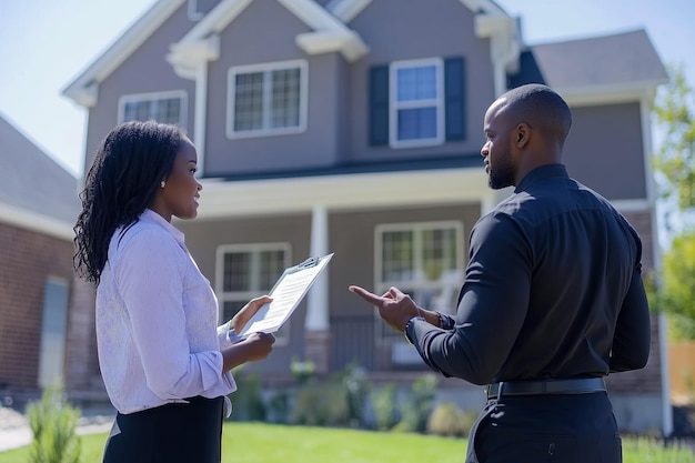 Des agents immobiliers discutant des détails de la propriété à l'extérieur d'une maison moderne un après-midi ensoleillé dans un quartier de banlieue